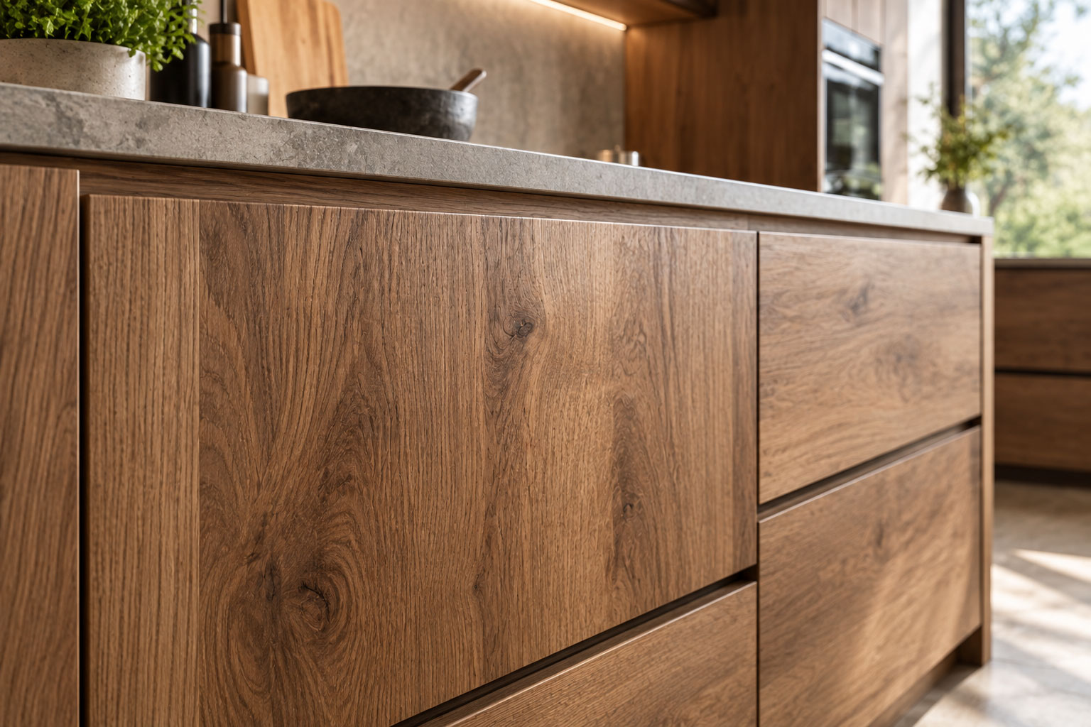 Close-up of natural wood grain on custom kitchen cabinetry